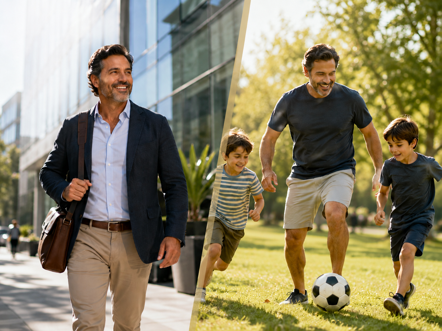Middle-aged man energized at work and playing soccer with his children